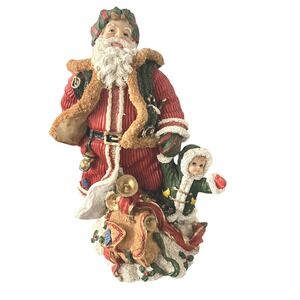 Santa Claus Christmas Resin Decor With Child And Toy Sack Hand Painted 10 Inches